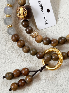 【山山栖柒】原创新中式绿檀木手串国风男女款灰月光石串珠手链