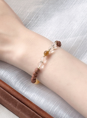 【扶桑之下】原创新中式木质手串小众双圈白水晶米黄玉串珠手链