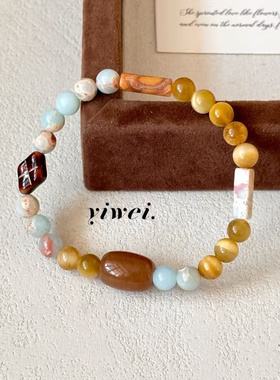 【月枕川】原创手工虎眼石寿山石串珠男女款复古新中式手串饰品