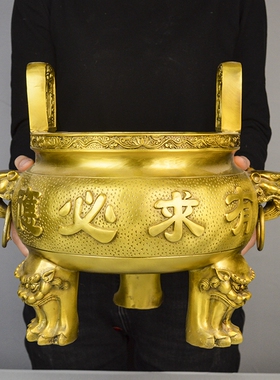 热销香炉纯铜有求必应香炉 圆鼎三足鼎炉 寺院寺庙祠堂大香炉摆件