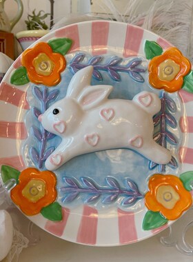 铛哩铛vintage手绘陶瓷兔子花朵装饰挂盘家居装饰盘子送礼礼物