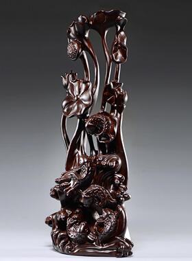 黑檀木鱼根雕刻莲花雕刻装饰品红木家装工艺品开幕乔迁礼物