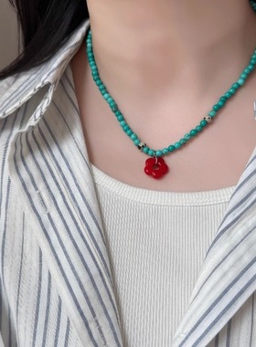 PANACHE 天然绿松石串珠花朵项链 小众新中式百搭独特韩系项链女