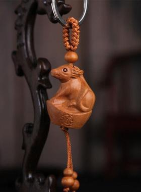 桃木小兔子项链吊坠手链实木雕刻十二生肖桃木实木挂件木质兔七夕