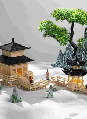 微景观造景带灯八角阁楼凉亭小摆件微景观鱼缸造景中式古建筑模型