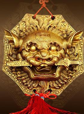 纯黄铜狮咬剑牌铜狮子头挂件八卦镜虎头牌兽头睚眦吞口海神摆件