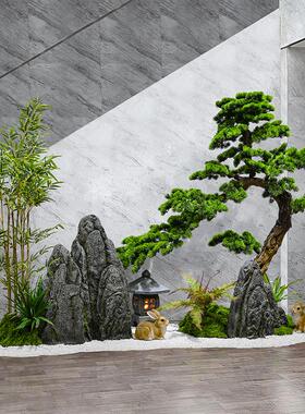 迎客松假山石绿植物旱景装饰摆件