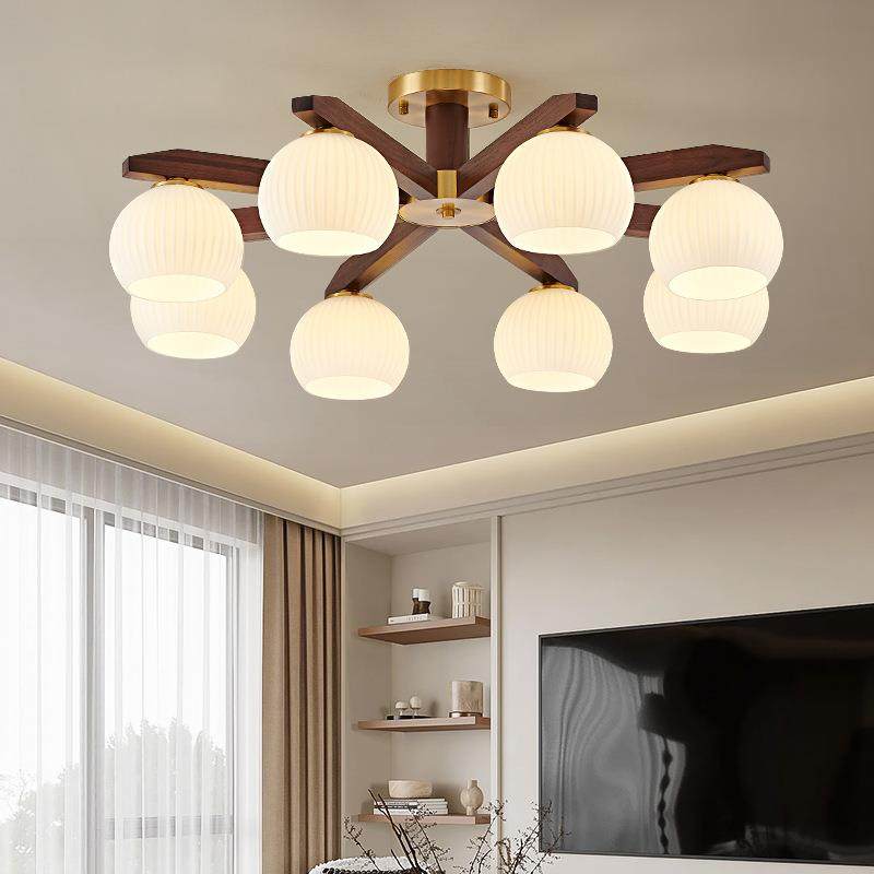 中古风客厅灯主灯复古新中式全铜黑胡桃实木大气卧室餐厅吸顶灯具 - 图0