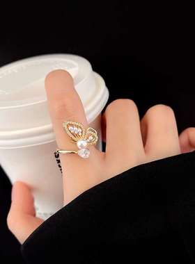 ins tend temperament niche ring zircon pearl butterfly ring