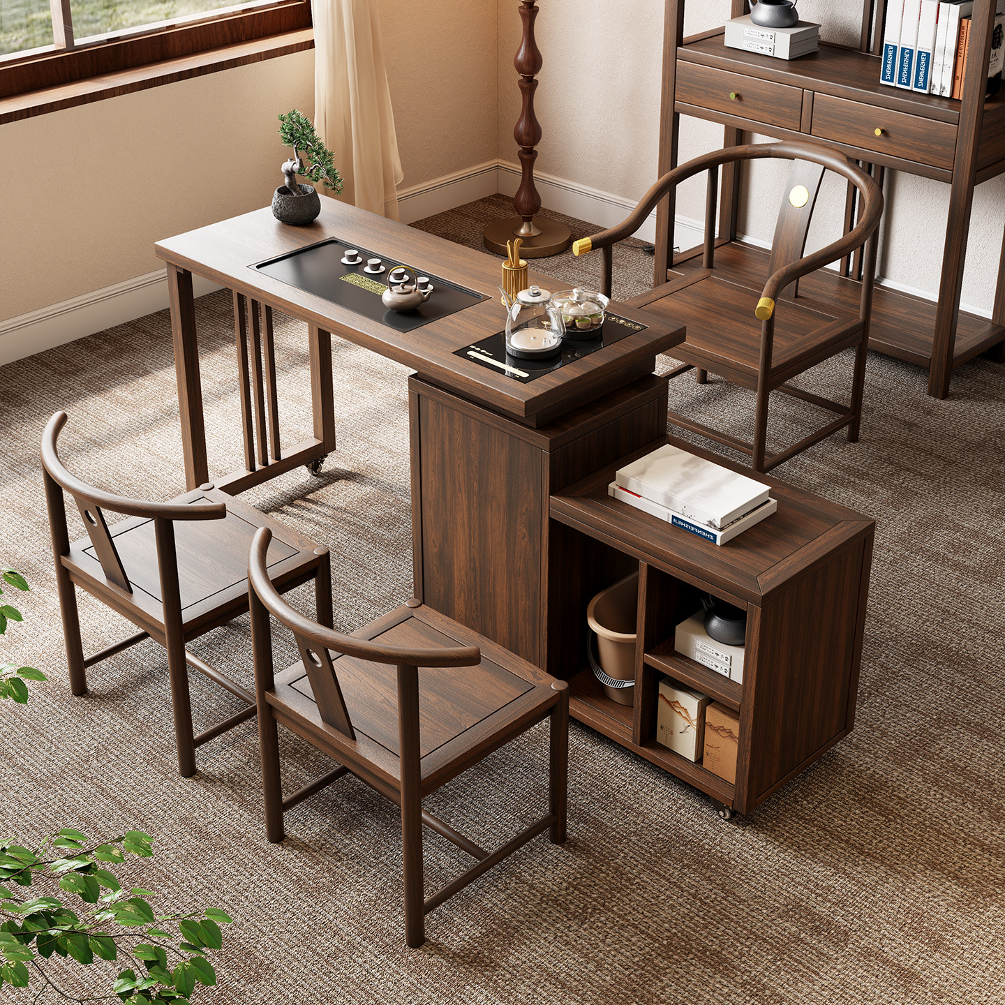 可移动旋转乌金木茶桌椅组合折叠茶桌小户型家用客厅阳台茶台茶几,淘宝优惠券,粉丝福利购,淘宝优惠卷