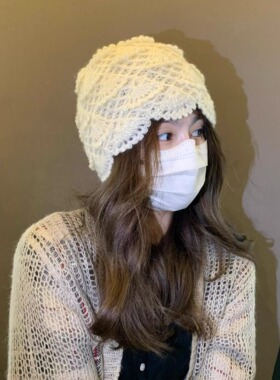 复古钩花帽子海马毛高颜值冬季保暖素颜帽波西米亚氛围感针织帽女