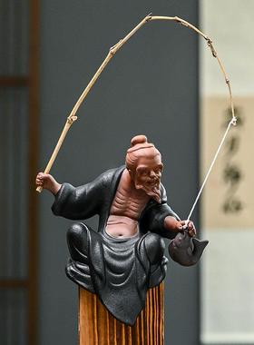 姜太公钓鱼摆件陶瓷老头钓鱼翁假山鱼缸流水器盆景造景微景观配件