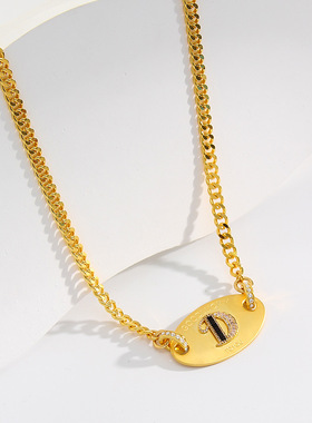 欧美夸张镶钻字母D好运吊坠项链小众镀18k金嘻哈个性锁骨链项链女