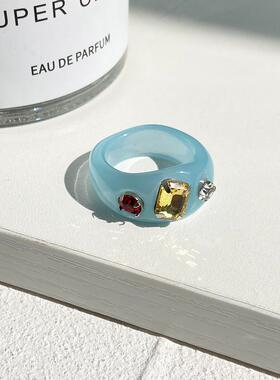 好货Jelly diamond ring rings women 果冻色树脂亚克力镶钻戒指