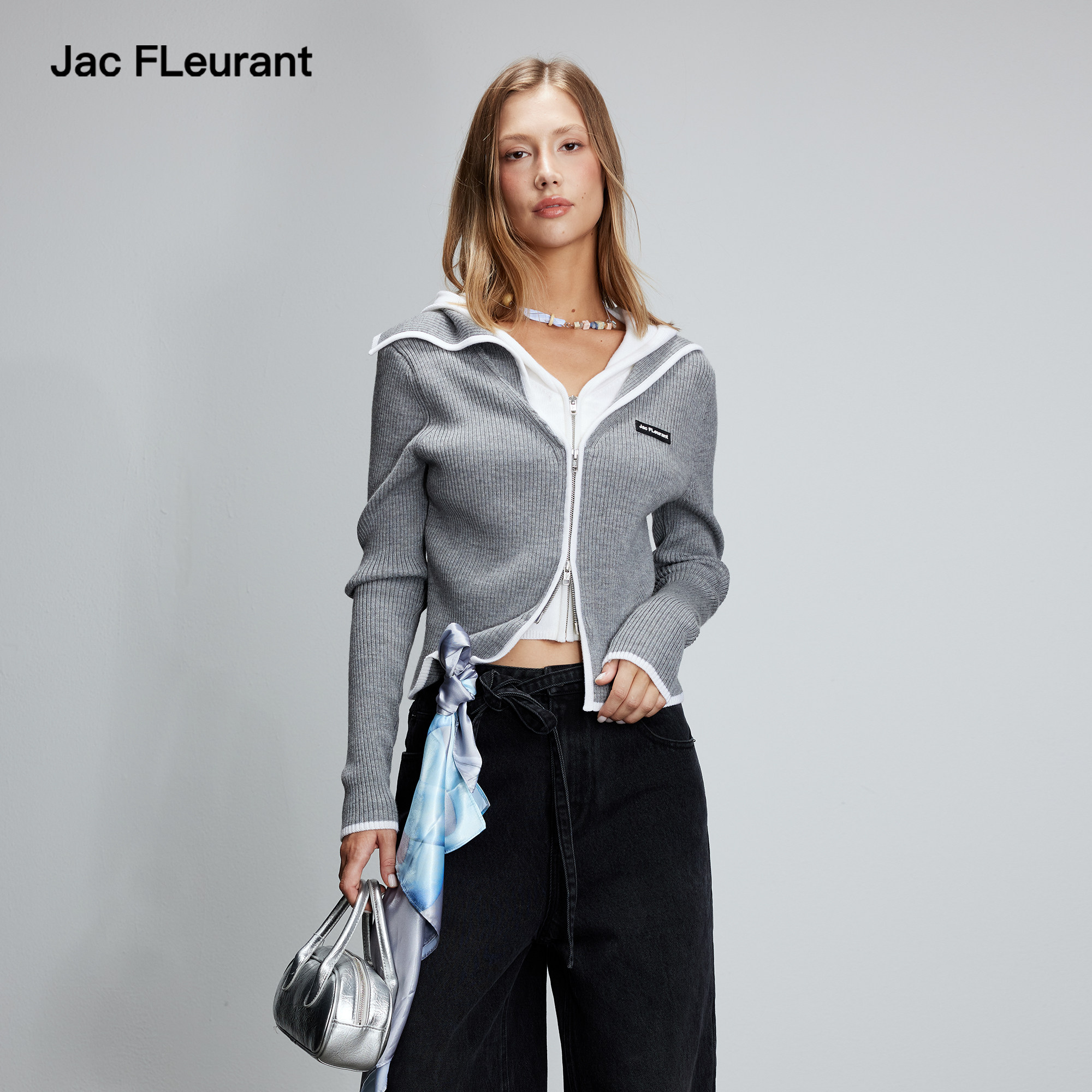 JAC FLEURANT【张靓颖同款】撞色海军领假两件拉链针织羊毛衫,淘宝优惠券,粉丝福利购,淘宝优惠卷