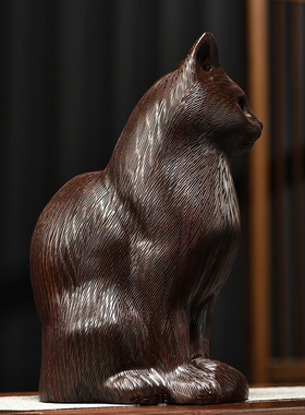 木雕摆件小猫咪实木头雕刻动物家居客厅桌面办公司装饰女生小