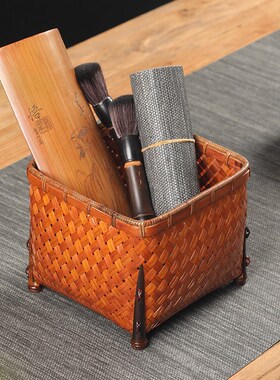 好货手工竹编大漆收纳筐复古中式家用水果篮编织竹篮书画筐茶具整