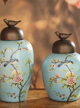美式乡村花鸟陶瓷储物罐家居软装饰品客厅玄关酒柜样板间摆件欧式