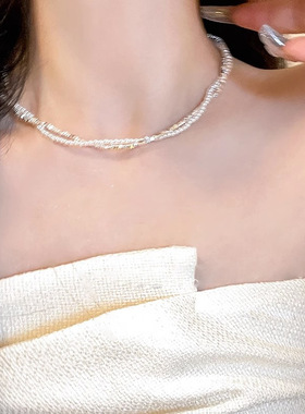 双层碎银子珍珠缠绕项链女小众复古个性简约百搭气质颈链锁骨链
