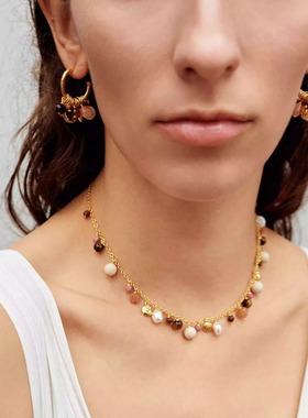 天然石串珠流苏项链复古锁骨链