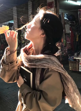 县城文学！棕色复古文艺风棉麻围巾女春秋渐变皱丝巾森女百搭配饰