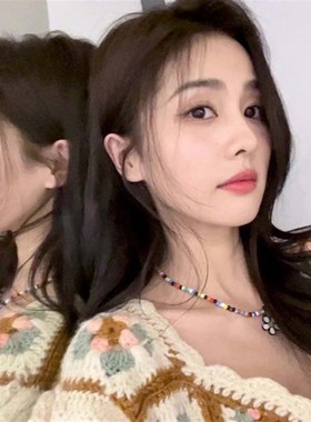 白鹿同款甜美花朵项链新款百搭锁骨链手工彩色串珠颈链饰品配饰女