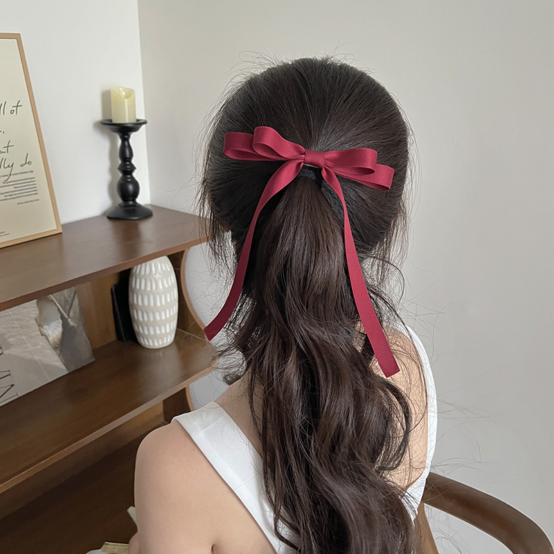 法式双层蝴蝶结飘带发夹后脑勺马尾半扎发少女丝带发卡顶夹鸭嘴夹 - 图2