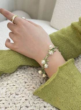 茉莉花手串白色铃兰花耳环+手链+项链~超仙森系春季新款耳钉少女i