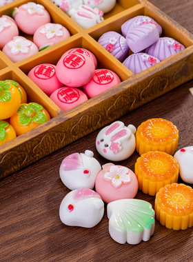 创意仿真食玩糕点中秋月饼兔子diy奶油胶配件树脂配饰桌面小摆件