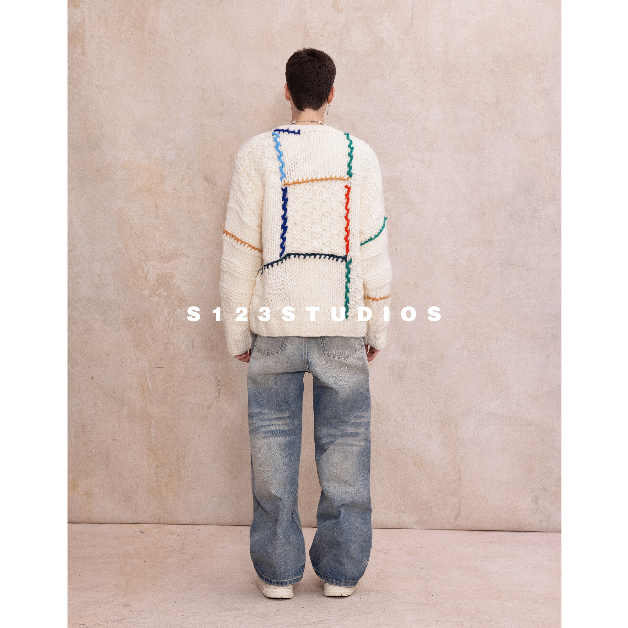 S123 简约设计感撞色描边羊毛毛衣男女宽松手工粗针针织衫上衣,淘宝优惠券,粉丝福利购,淘宝优惠卷