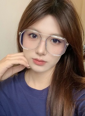 新款时尚大框金属眼镜框女欧美潮流街拍多边形连体片平光眼镜