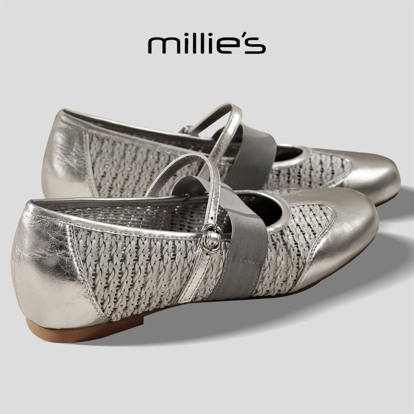 MILLIE'S/妙丽复古银色编织玛丽珍鞋女平底一字扣带百搭通勤单鞋,淘宝优惠券,粉丝福利购,淘宝优惠卷