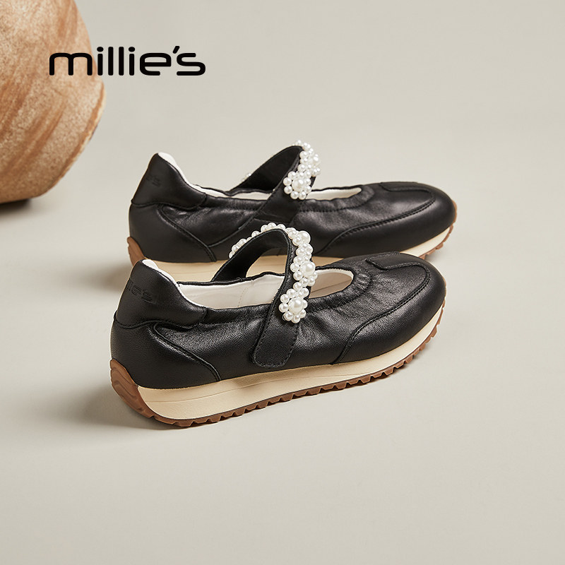 MILLIE’S/妙丽圆头平底复古黑色个性十足潮流时尚休闲罗马凉鞋女