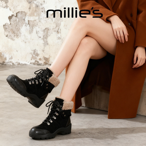 MILLIE'S/妙丽时尚毛绒雪地靴女冬季保暖系带厚底防滑加绒棉靴 - 图1