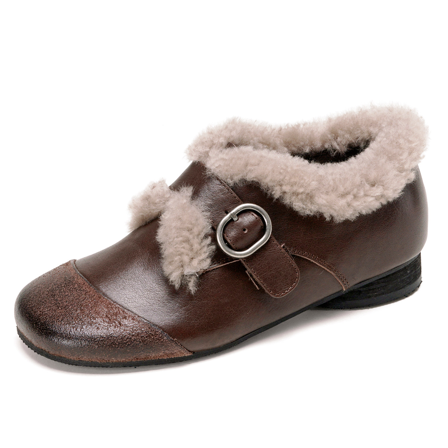 MILLIE'S/妙丽加绒毛毛鞋乐福鞋女真皮保暖一脚蹬工装棕色懒人鞋,淘宝优惠券,粉丝福利购,淘宝优惠卷