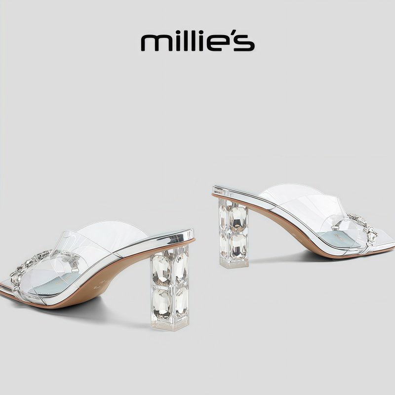 MILLIE'S/妙丽方头粗跟镂空闪亮水钻独特别致设计感外穿休闲拖鞋,淘宝优惠券,粉丝福利购,淘宝优惠卷