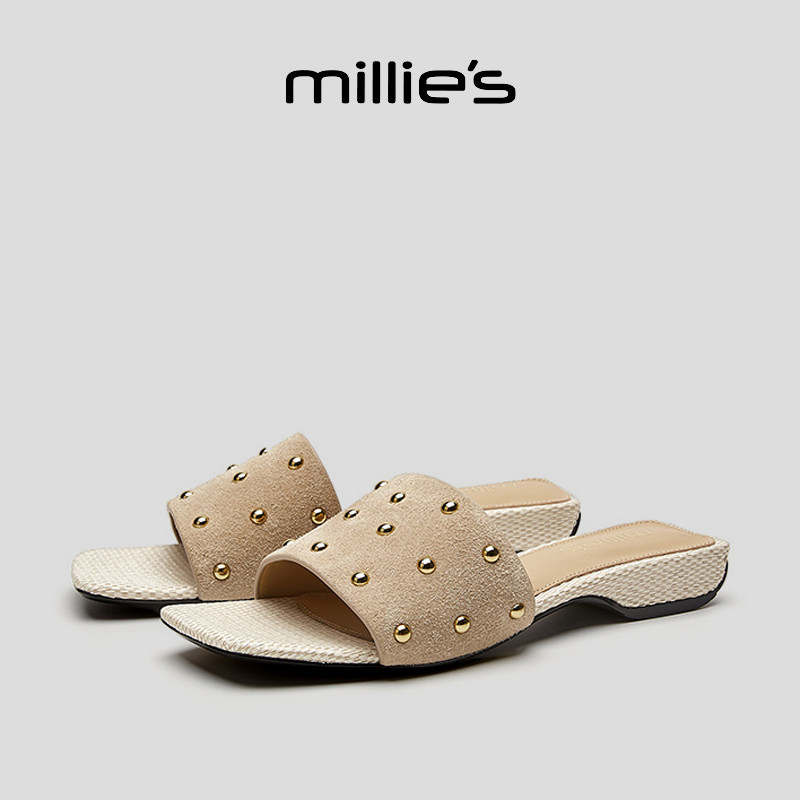 MILLIE'S/妙丽方头平底一脚蹬时髦精致优雅气质时尚百搭休闲拖鞋,淘宝优惠券,粉丝福利购,淘宝优惠卷