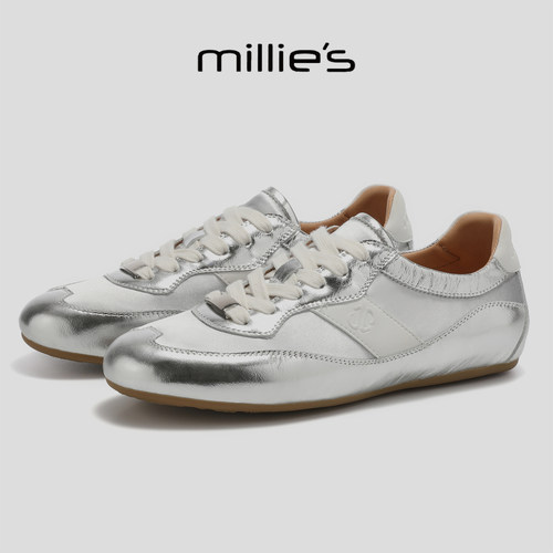 MILLIE'S/妙丽银色拼接德训鞋女舒适不累脚巨好看百搭款休闲板鞋 - 图1