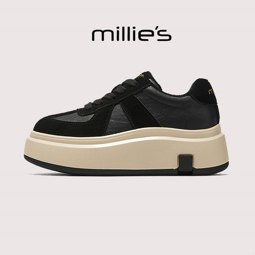 MILLIE'S/妙丽日常复古风厚底板鞋女黑色系带休闲鞋舒适百搭时尚 - 图0