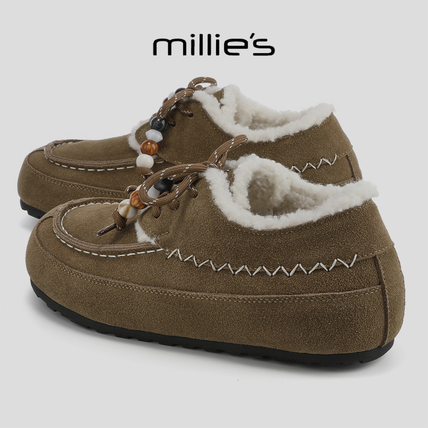 MILLIE'S/妙丽2025冬季新款加绒系带平底勃肯鞋时尚百搭休闲女鞋,淘宝优惠券,粉丝福利购,淘宝优惠卷