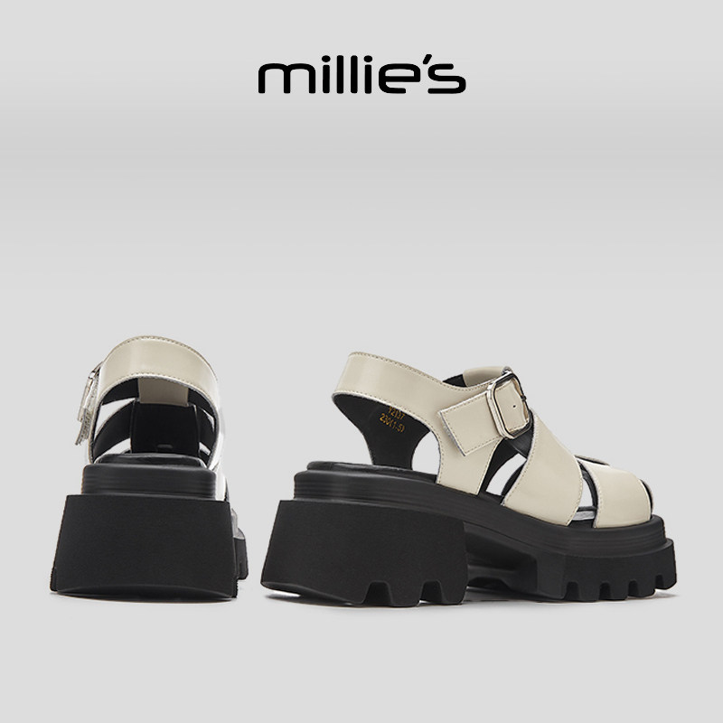MILLIE'S/妙丽夏季凉鞋厚底增高复古皮带扣白色休闲百搭浅口单鞋,淘宝优惠券,粉丝福利购,淘宝优惠卷