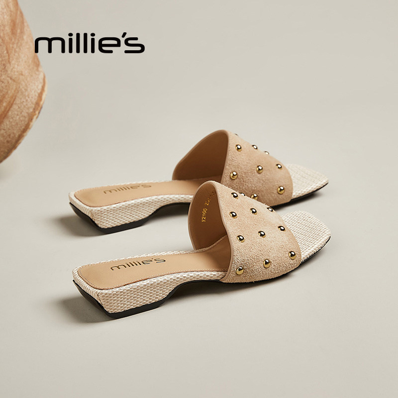 MILLIE'S/妙丽方头平底一脚蹬时髦精致优雅气质时尚百搭休闲拖鞋,淘宝优惠券,粉丝福利购,淘宝优惠卷