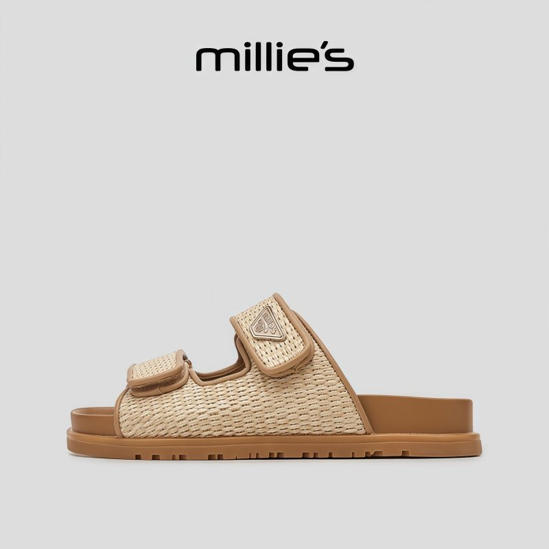 MILLIE'S/妙丽露趾平底一脚蹬美拉德风编织镂空设计时尚休闲拖鞋,淘宝优惠券,粉丝福利购,淘宝优惠卷