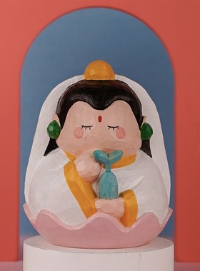 艾集观音菩萨木雕小摆件车载汽车创意个性可爱保平安车内饰品礼物
