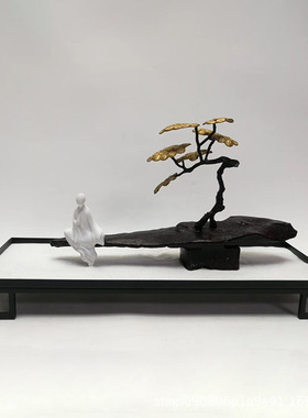 新中式玉石平安扣金属迎客松扇子摆件禅意人物招财树造景玄关装饰