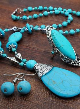 项链绿松石风复古吊坠套装款欧美耳环民族饰品首饰链配饰短女毛衣