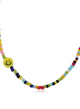 叨潮流黄色笑脸米珠项链手工时尚彩色米珠锁骨链波西米亚短款颈链