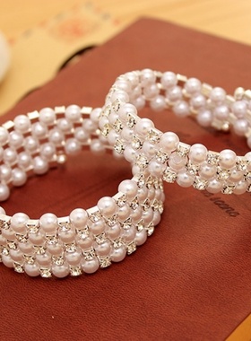 韩版时尚多层珍珠镶钻缠绕螺旋手链宽手镯女弹力宽手环