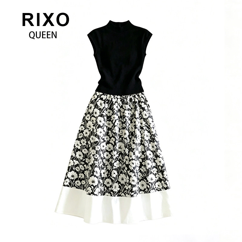 RIXO QUEEN法式小飞袖T恤上衣黑白印花显瘦高腰半身裙气质长裙女