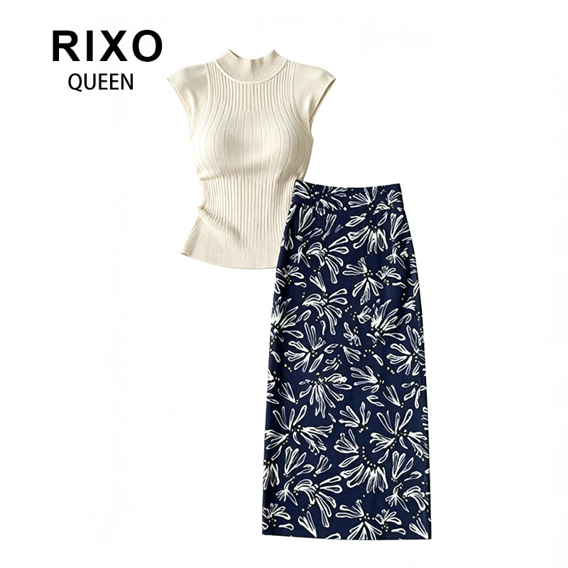 RIXO QUEEN漂亮大方得体时尚ootd穿搭独特杏色T恤印花半身裙套装